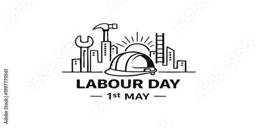 Labour Day 1st May Construction City Line Art Vector with Helmet, Tools and Skyline, Worker Appreciation Industrial Design