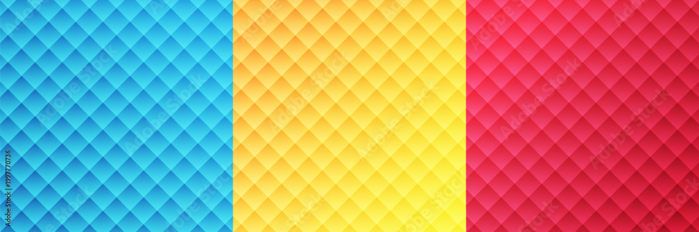 Fototapeta premium Vibrant Abstract Geometric Diamond Pattern Set. Colorful Quilted Texture Background in Yellow, Cyan Blue, and Magenta Pink