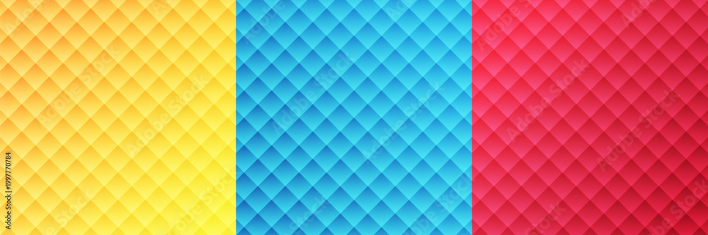Fototapeta premium Vibrant Abstract Geometric Diamond Pattern Set. Colorful Quilted Texture Background in Yellow, Cyan Blue, and Magenta Pink