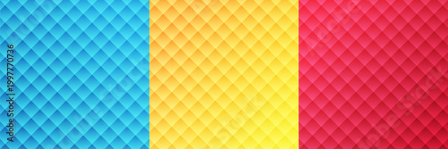 Vibrant Abstract Geometric Diamond Pattern Set. Colorful Quilted Texture Background in Yellow, Cyan Blue, and Magenta Pink