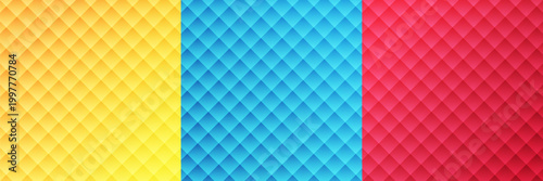 Vibrant Abstract Geometric Diamond Pattern Set. Colorful Quilted Texture Background in Yellow, Cyan Blue, and Magenta Pink