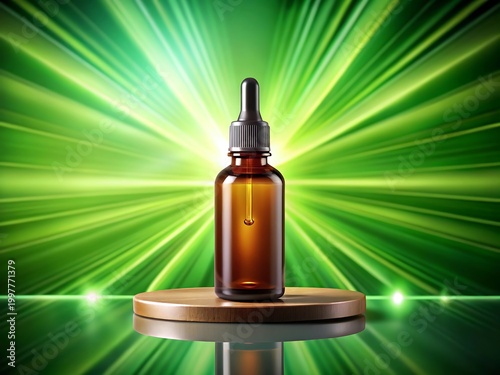 Amber glass dropper bottle on podium with green light burst background