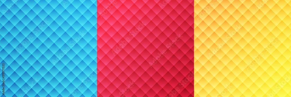 Fototapeta premium Vibrant Abstract Geometric Diamond Pattern Set. Colorful Quilted Texture Background in Yellow, Cyan Blue, and Magenta Pink
