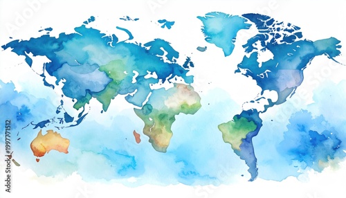 Watercolor world map, vibrant blues, greens, and yellows on white background