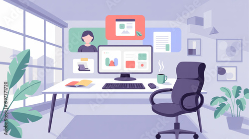Modern office workspace, home office setup, business productivity, vector illustration
