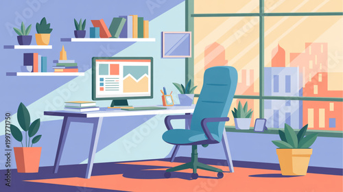 Modern office workspace, minimalist desk, city view, plants, interior design