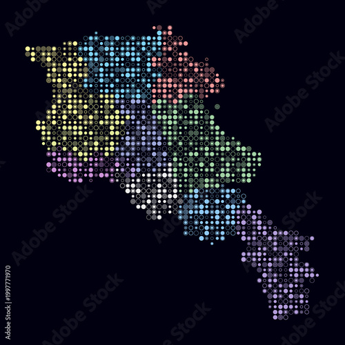 Armenia, shape of the country build of colored cells. Digital style map of the Armenia on dark background. Small size circle blocks. Simple vector illustration.
