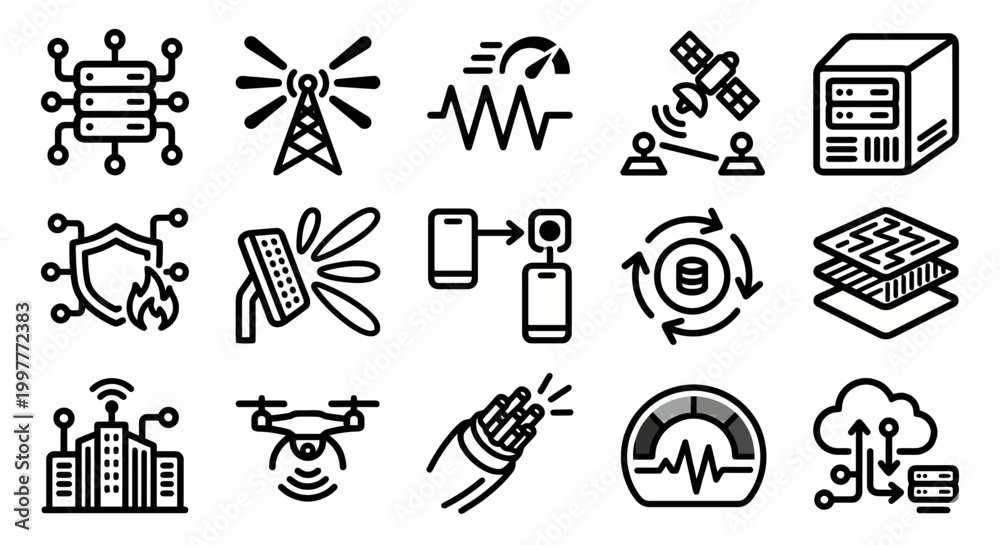 Fototapeta premium Vector icon set for edge computing, 6G telecommunications, and high-speed connectivity platforms. Bold rounded outline style for network architecture dashboards, telecommunications software, and next
