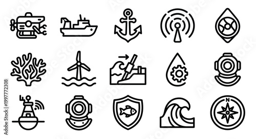 Vector icon set for blue technology, marine research, and ocean conservation platforms. Bold rounded outline style for maritime dashboards, oceanography software, and environmental UI/UX. Professional