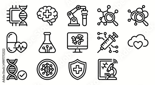 Vector icon set for AI-driven drug discovery, pharmaceutical research, and biotechnology platforms. Bold rounded outline style for medical research dashboards, lab automation software, and health-tech