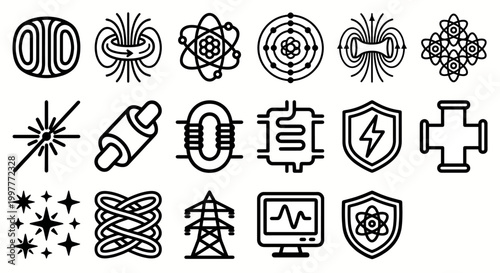 Vector icon set for nuclear fusion energy, plasma physics research, and clean power generation platforms. Bold rounded outline style for energy sector dashboards, scientific research software