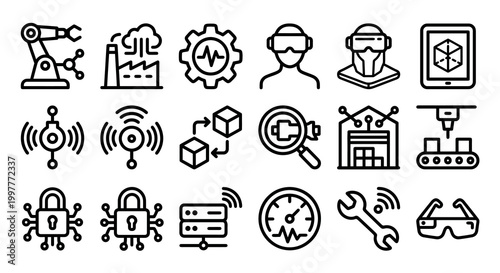 Vector icon set for Digital Twin technology, Industrial IoT, and Industry 4.0 platforms. Bold rounded outline style for industrial automation dashboards, predictive maintenance software