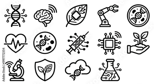 Vector icon set for bio-digital convergence, cyber-physical systems, and advanced biotechnology platforms. Bold rounded outline style for health-tech dashboards, bioinformatics software, and medical 