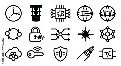 Vector icon set for quantum computing, post-quantum cryptography, and advanced data security platforms. Bold rounded outline style for supercomputing dashboards, cybersecurity software, and deep-tech 