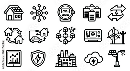 Vector icon set for microgrid energy management, peer-to-peer (P2P) energy trading, and decentralized power systems. Bold rounded outline style for smart grid dashboards, renewable energy apps