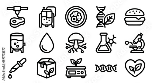 Vector icon set for alternative proteins, cultured meat, and sustainable food technology platforms. Bold rounded outline style for biotech food dashboards, laboratory research software, and food-tech