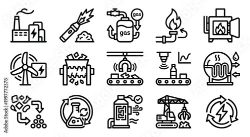Vector icon set for waste-to-energy (WtE) technology, advanced recycling processes, and sustainable waste management platforms. Bold rounded outline style for industrial ecology dashboards