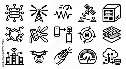 Vector icon set for edge computing, 6G telecommunications, and high-speed connectivity platforms. Bold rounded outline style for network architecture dashboards, telecommunications software, and next