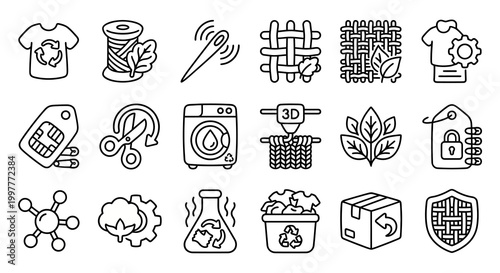Vector icon set for circular fashion, textile recycling, and sustainable apparel technology platforms. Bold rounded outline style for eco-fashion dashboards, supply chain transparency software