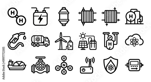 Vector icon set for green hydrogen production, fuel cell technology, and clean energy infrastructure platforms. Bold rounded outline style for renewable energy dashboards, hydrogen economy software