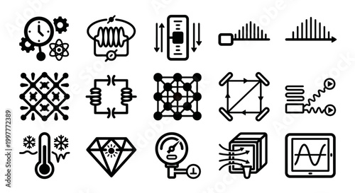 Vector icon set for quantum sensors, precision metrology, and advanced physics research platforms. Bold rounded outline style for deep-tech dashboards, scientific measurement software, and laboratory 