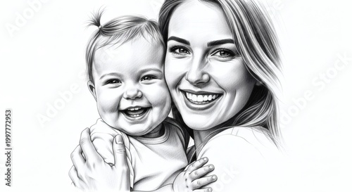 Happy mother and baby daughter portrait sketch