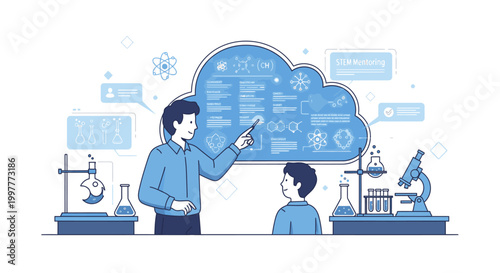 Illustration of a man explaining science concepts to a boy in a laboratory setting with a cloud-shaped diagram.