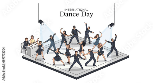 Isometric vector illustration of people celebrating International Dance Day with a dance performance, set against a clean white background with stage lighting, conveying an energetic mood