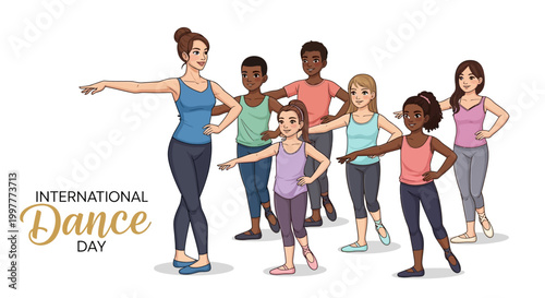 A diverse group of children learns dance choreography from an instructor in a colorful vector illustration celebrating International Dance Day, set against a clean white background