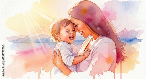Happy Mother and Baby Watercolor Illustration