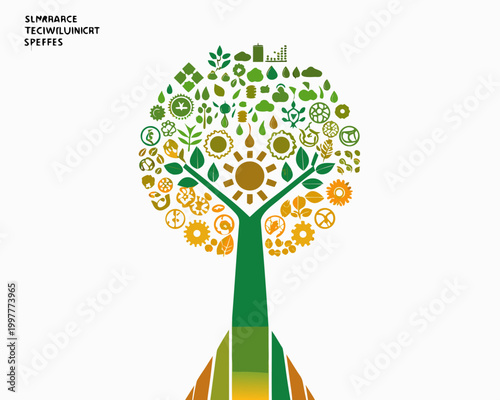 Fotografía Tree composed of gears and leaves vector illustration on white background