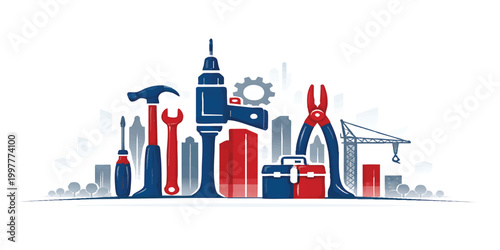 Labor Day USA Construction Tools Skyline Vector with Red Blue Equipment, Industrial Worker Illustration, Urban Development Concept