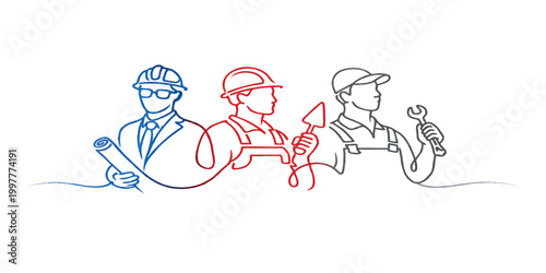 Labor Day USA Workers Line Art Vector with Engineer Builder and Technician, Continuous Outline Illustration, Workforce Team Concept
