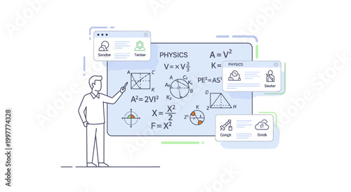 Line drawing of a man pointing at a large screen displaying physics equations and diagrams in a simple, educational setting.