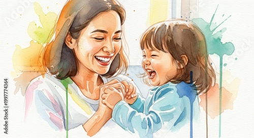 Happy Asian Mother and Toddler Daughter Playing Watercolor Illustration