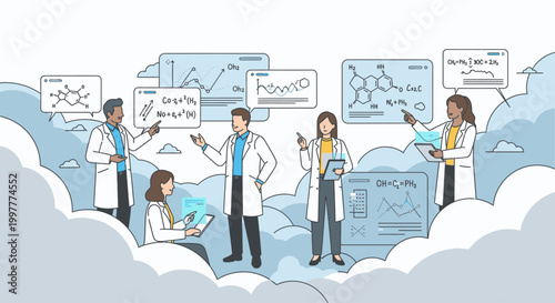 Illustration of diverse scientists collaborating on molecular research with diagrams and equations in a dreamy, cloud-like environment.