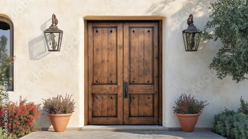 Stylish Wooden Front Door on a Light Beige Exterior Home with Landscaping