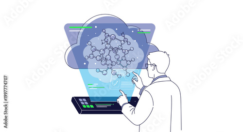 Illustration of a man interacting with a futuristic laptop displaying a brain network and cloud storage concept on a white background.