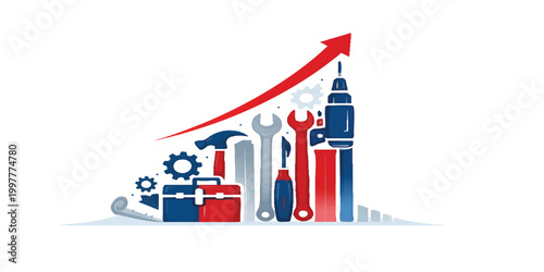 Labor Day USA Growth Concept Vector with Construction Tools and Upward Arrow, American Workforce Progress Illustration