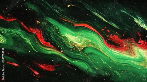 Abstract fluid art swirls in dark green, red, and gold