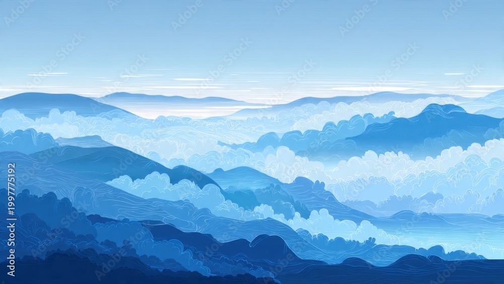 Obraz premium Serene Mountain Range Through Misty Clouds