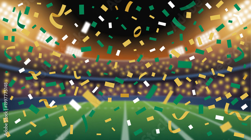 Sports stadium, football field, confetti celebration, green turf isolated on Transparent Background