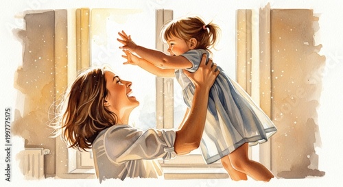 Happy Mother Lifting Her Toddler Daughter at Home