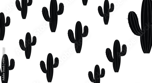 Black Saguaro Cactus Silhouette Vector Pattern with Scattered Desert Plants in Various Sizes on White Background