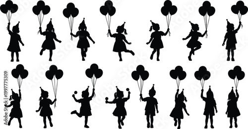 Cute Children with Party Balloons and Birthday Hats Silhouette Vector Set with Playful Festive Kid Celebration Poses
