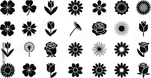 Diverse Black Flower Species Silhouette Vector Icon Set with Rose Sunflower Dandelion Clover Daisy and Tulip Designs