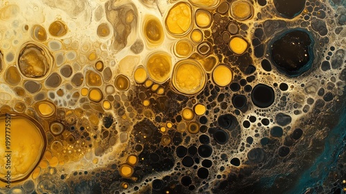 Abstract fluid art, swirling colors, bubble patterns, dark background