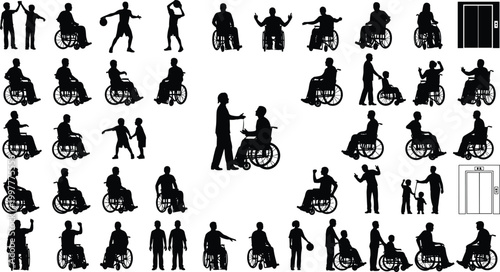 Wheelchair User and Disabled Person Silhouette Vector Set with Accessibility Caregiver Child and Elevator Interaction Poses