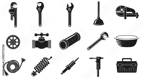 Plumbing Tools and Sanitary Equipment Repair Icons Set