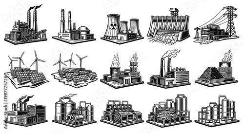 Industrial Power Plant and Energy Production Vector Collection